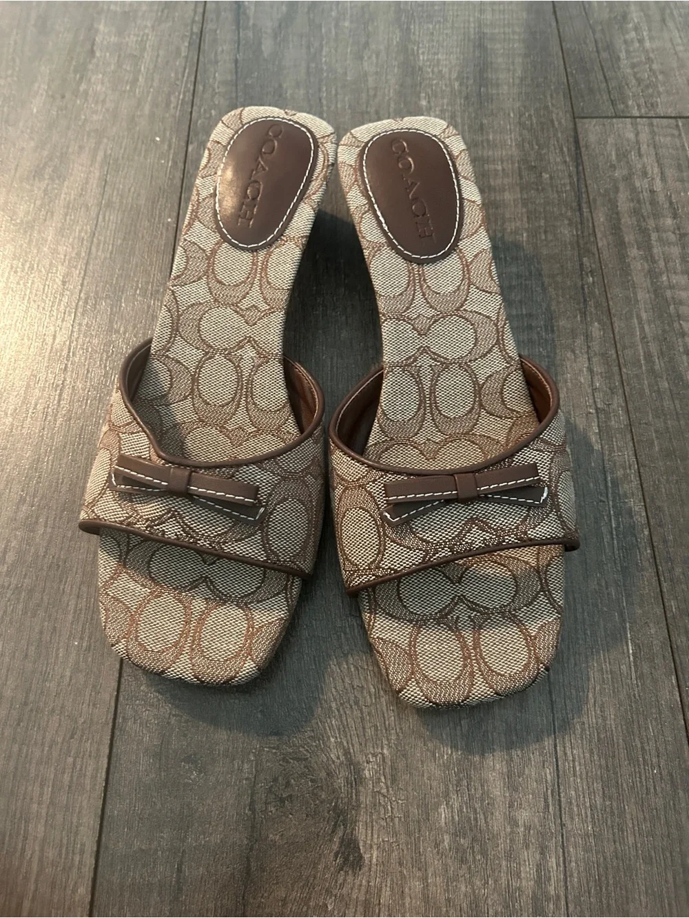 Coach Brown Signature Canvas Kitten Heel Mules